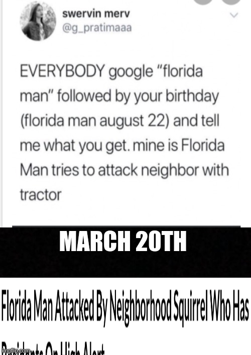 google it | MARCH 20TH | image tagged in florida man | made w/ Imgflip meme maker