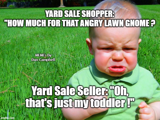 toddler pouting | YARD SALE SHOPPER:
"HOW MUCH FOR THAT ANGRY LAWN GNOME ? MEMEs by Dan Campbell; Yard Sale Seller: "Oh, that's just my toddler !" | image tagged in toddler pouting | made w/ Imgflip meme maker