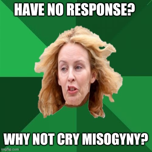 Low expectations Australian stepmother | HAVE NO RESPONSE? WHY NOT CRY MISOGYNY? | image tagged in low expectations australian stepmother | made w/ Imgflip meme maker