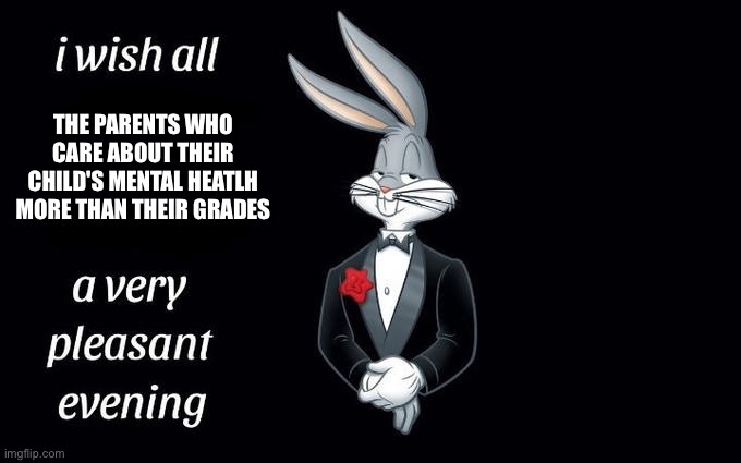 I wish all the X a very pleasant evening | THE PARENTS WHO CARE ABOUT THEIR CHILD'S MENTAL HEATLH MORE THAN THEIR GRADES | image tagged in i wish all the x a very pleasant evening | made w/ Imgflip meme maker