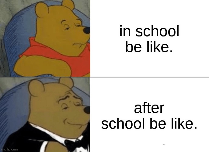 Tuxedo Winnie The Pooh | in school be like. after school be like. | image tagged in memes,tuxedo winnie the pooh | made w/ Imgflip meme maker