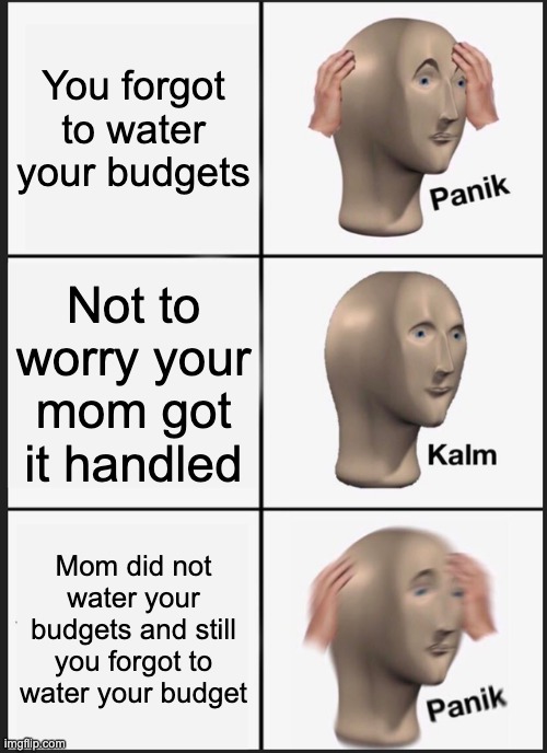 Panik Kalm Panik Meme | You forgot to water your budgets; Not to worry your mom got it handled; Mom did not water your budgets and still you forgot to water your budget | image tagged in memes,panik kalm panik | made w/ Imgflip meme maker