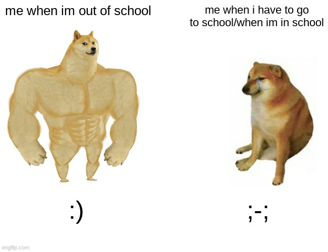 Buff Doge vs. Cheems Meme | me when im out of school; me when i have to go to school/when im in school; :); ;-; | image tagged in memes,buff doge vs cheems | made w/ Imgflip meme maker
