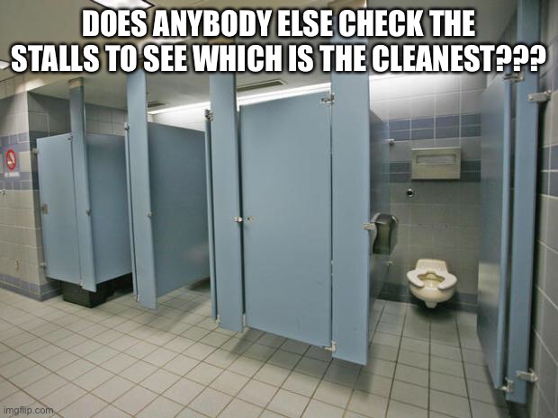 Bathroom check |  DOES ANYBODY ELSE CHECK THE STALLS TO SEE WHICH IS THE CLEANEST??? | image tagged in bathroom stall | made w/ Imgflip meme maker