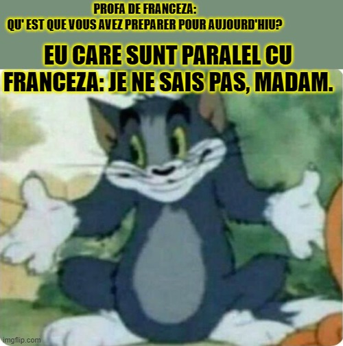 Tom Shrugging | PROFA DE FRANCEZA: QU' EST QUE VOUS AVEZ PREPARER POUR AUJOURD'HIU? EU CARE SUNT PARALEL CU FRANCEZA: JE NE SAIS PAS, MADAM. | image tagged in tom shrugging | made w/ Imgflip meme maker