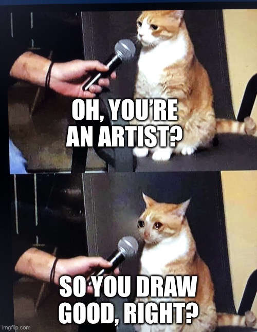 meme | OH, YOU’RE AN ARTIST? SO YOU DRAW GOOD, RIGHT? | image tagged in cat interview crying,i suck,at drawing,owo,stop reading the tags | made w/ Imgflip meme maker