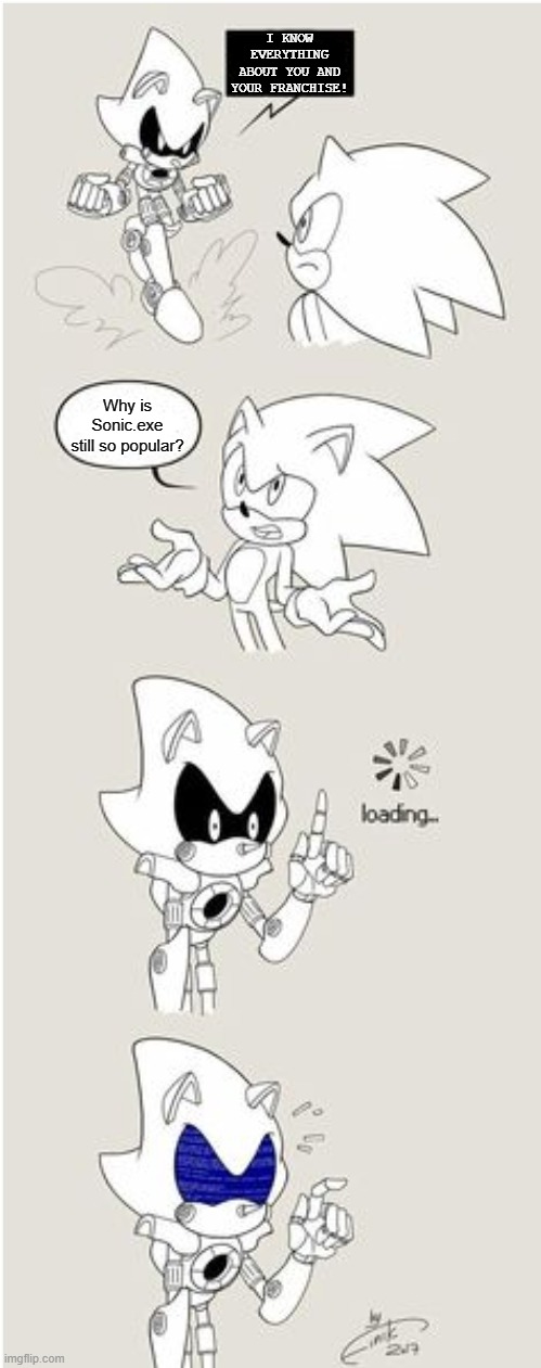 Sonic Comic thingy | I KNOW EVERYTHING ABOUT YOU AND YOUR FRANCHISE! Why is Sonic.exe still so popular? | image tagged in sonic comic thingy | made w/ Imgflip meme maker