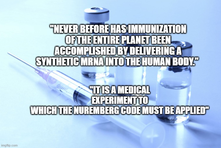 vaccine | "IT IS A MEDICAL EXPERIMENT TO WHICH THE NUREMBERG CODE MUST BE APPLIED"; "NEVER BEFORE HAS IMMUNIZATION OF THE ENTIRE PLANET BEEN ACCOMPLISHED BY DELIVERING A SYNTHETIC MRNA INTO THE HUMAN BODY." | image tagged in vaccine | made w/ Imgflip meme maker