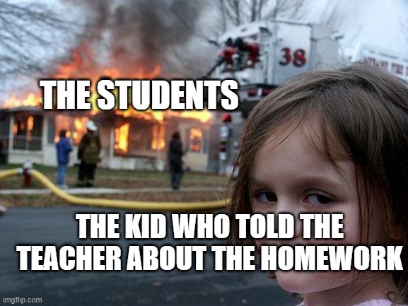 Disaster Girl | THE STUDENTS; THE KID WHO TOLD THE TEACHER ABOUT THE HOMEWORK | image tagged in memes,disaster girl | made w/ Imgflip meme maker