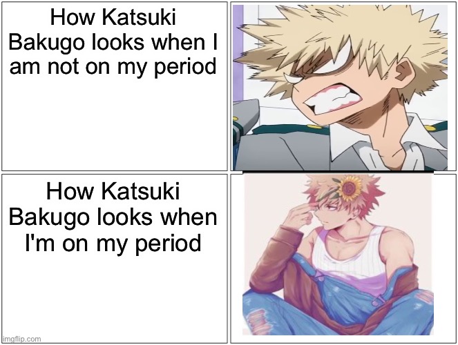 Is anything similar true for any other girls(Mod note: I can relate) | How Katsuki Bakugo looks when I am not on my period; How Katsuki Bakugo looks when I'm on my period | image tagged in memes,blank comic panel 2x2,period,bakugo,mha,simp | made w/ Imgflip meme maker