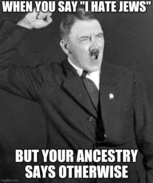 Angry Hitler |  WHEN YOU SAY "I HATE JEWS"; BUT YOUR ANCESTRY SAYS OTHERWISE | image tagged in angry hitler | made w/ Imgflip meme maker