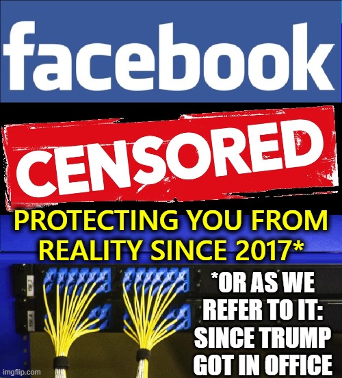 There was a Time Long Ago When People Loved Facebook | PROTECTING YOU FROM
REALITY SINCE 2017*; *OR AS WE
REFER TO IT:
SINCE TRUMP
GOT IN OFFICE | image tagged in vince vance,facebook,censorship,mark zuckerberg,memes,trump derangement syndrome | made w/ Imgflip meme maker