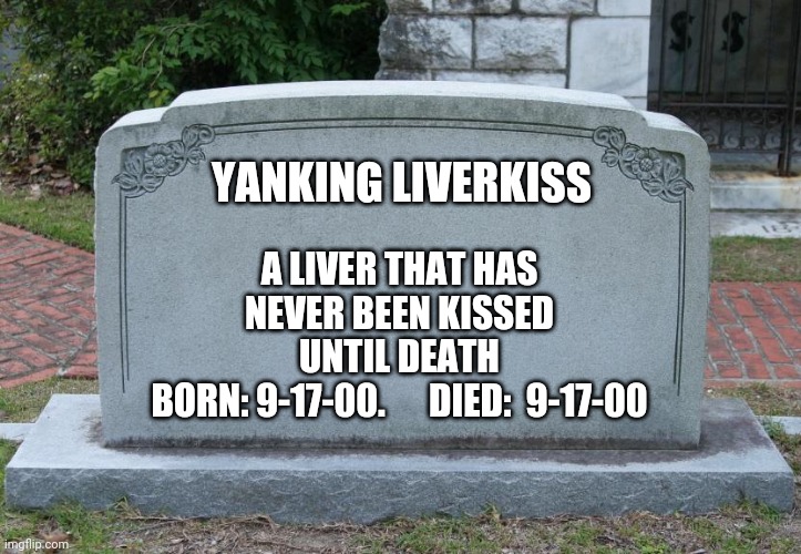 Gravestone | YANKING LIVERKISS; A LIVER THAT HAS NEVER BEEN KISSED UNTIL DEATH
BORN: 9-17-00.      DIED:  9-17-00 | image tagged in gravestone | made w/ Imgflip meme maker