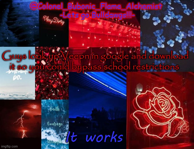 Your welcome | Guys look up Veepn in google and download it so you could bypass school restrictions; It works | image tagged in colonel's school spirt temp | made w/ Imgflip meme maker