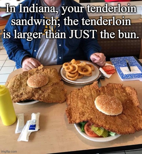 Why we die young in Indiana | In Indiana, your tenderloin sandwich; the tenderloin is larger than JUST the bun. | image tagged in fast food,indiana,funny memes | made w/ Imgflip meme maker
