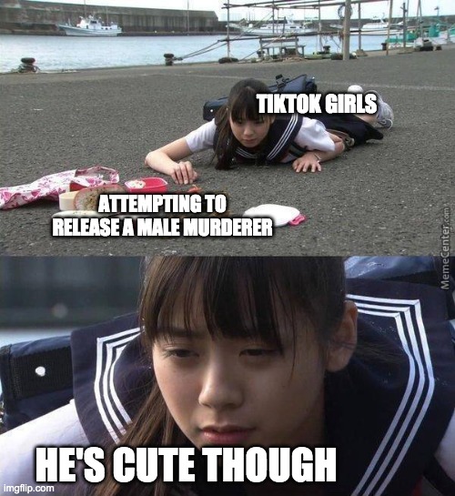Schoolgirl dropping bento | TIKTOK GIRLS; ATTEMPTING TO RELEASE A MALE MURDERER; HE'S CUTE THOUGH | image tagged in schoolgirl dropping bento | made w/ Imgflip meme maker