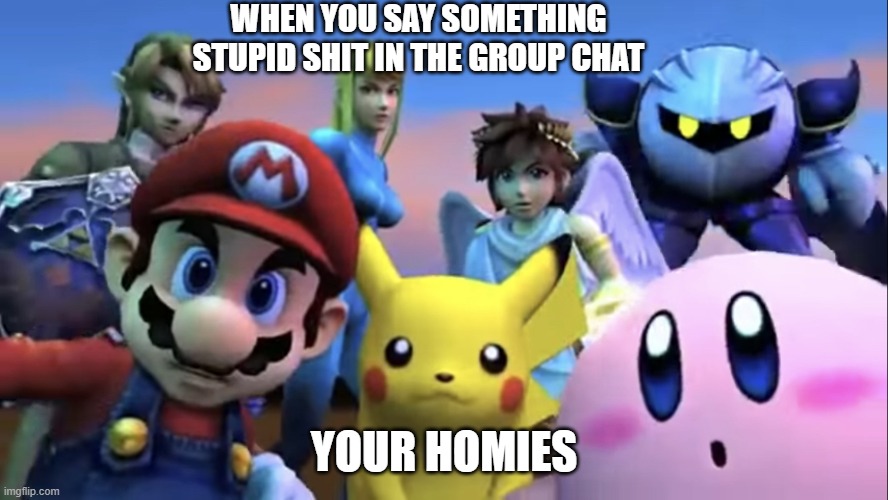 when you say something stupid | WHEN YOU SAY SOMETHING STUPID SHIT IN THE GROUP CHAT; YOUR HOMIES | image tagged in smash bros | made w/ Imgflip meme maker