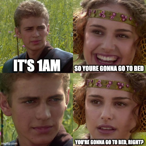 Anakin Padme 4 Panel | IT'S 1AM; SO YOURE GONNA GO TO BED; YOU'RE GONNA GO TO BED, RIGHT? | image tagged in anakin padme 4 panel | made w/ Imgflip meme maker