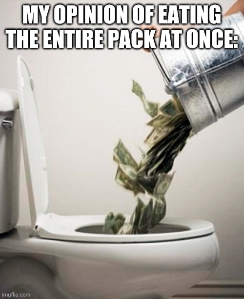 Money Down The Drain | MY OPINION OF EATING THE ENTIRE PACK AT ONCE: | image tagged in money down the drain | made w/ Imgflip meme maker