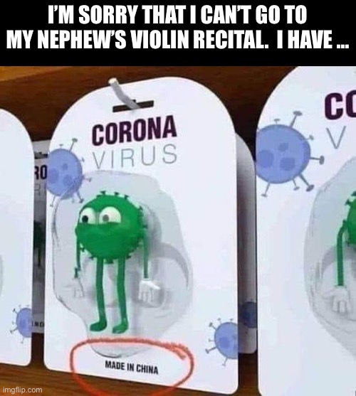 Corona | I’M SORRY THAT I CAN’T GO TO MY NEPHEW’S VIOLIN RECITAL.  I HAVE … | image tagged in coronavirus | made w/ Imgflip meme maker