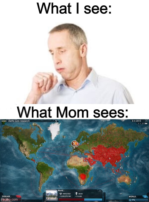 True |  What I see:; What Mom sees: | image tagged in fun,coughing,covid-19,covid,coronavirus,plague inc | made w/ Imgflip meme maker