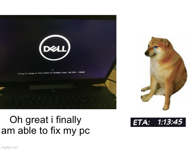my pc… nooo | Oh great i finally am able to fix my pc | image tagged in ohcrapmypc | made w/ Imgflip meme maker