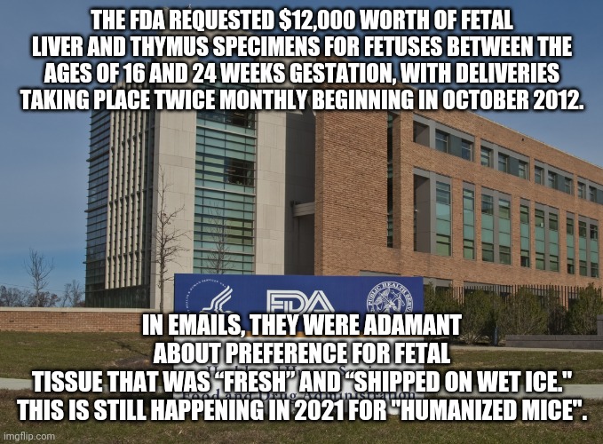 FDA | THE FDA REQUESTED $12,000 WORTH OF FETAL LIVER AND THYMUS SPECIMENS FOR FETUSES BETWEEN THE AGES OF 16 AND 24 WEEKS GESTATION, WITH DELIVERIES TAKING PLACE TWICE MONTHLY BEGINNING IN OCTOBER 2012. IN EMAILS, THEY WERE ADAMANT ABOUT PREFERENCE FOR FETAL TISSUE THAT WAS “FRESH” AND “SHIPPED ON WET ICE."

THIS IS STILL HAPPENING IN 2021 FOR "HUMANIZED MICE". | image tagged in fda | made w/ Imgflip meme maker
