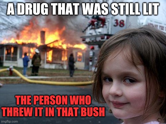 Disaster Girl | A DRUG THAT WAS STILL LIT; THE PERSON WHO THREW IT IN THAT BUSH | image tagged in memes,disaster girl | made w/ Imgflip meme maker