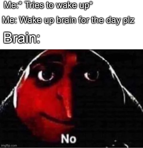 Gru No | Me:* Tries to wake up*; Me: Wake up brain for the day plz; Brain: | image tagged in gru no | made w/ Imgflip meme maker