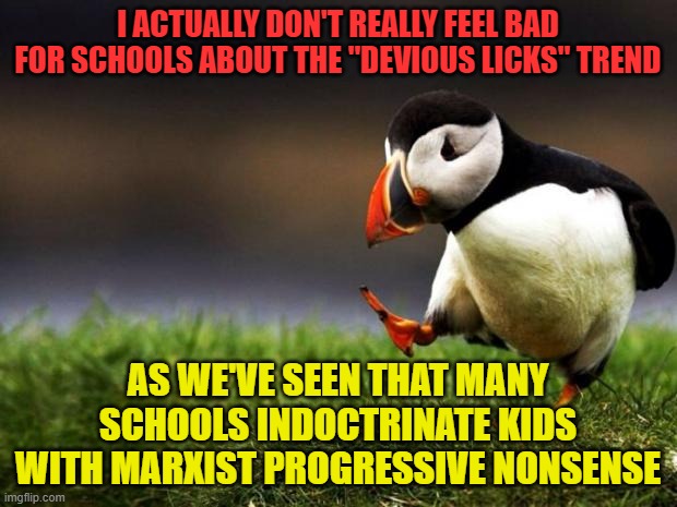 They're only redistributing the wealth | I ACTUALLY DON'T REALLY FEEL BAD FOR SCHOOLS ABOUT THE "DEVIOUS LICKS" TREND; AS WE'VE SEEN THAT MANY SCHOOLS INDOCTRINATE KIDS WITH MARXIST PROGRESSIVE NONSENSE | image tagged in memes,unpopular opinion puffin,schools,trend,tiktok,stealing | made w/ Imgflip meme maker