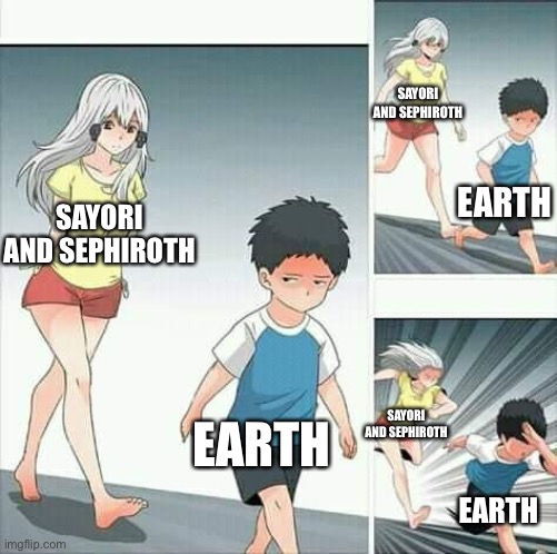 Anime boy running | SAYORI AND SEPHIROTH; EARTH; SAYORI AND SEPHIROTH; EARTH; SAYORI AND SEPHIROTH; EARTH | image tagged in anime boy running,sayori and sephiroth | made w/ Imgflip meme maker