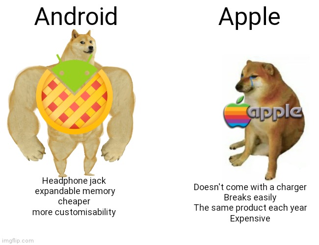 Android better, change my mind | Android; Apple; Headphone jack
 expandable memory
cheaper
more customisability; Doesn't come with a charger
Breaks easily
The same product each year
Expensive | image tagged in memes,buff doge vs cheems | made w/ Imgflip meme maker
