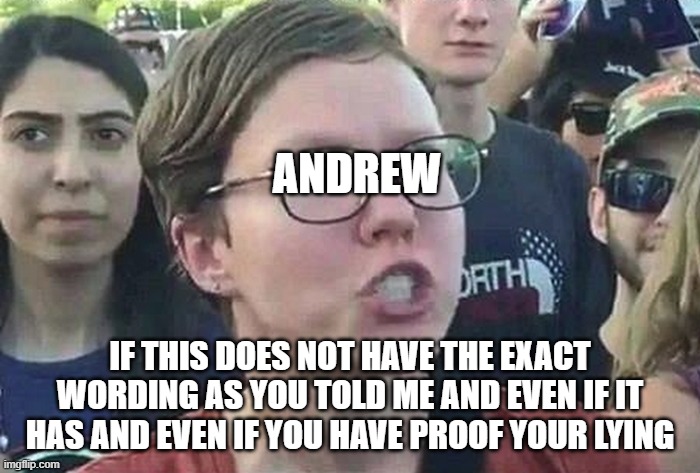 This is not to offend Liberals | ANDREW; IF THIS DOES NOT HAVE THE EXACT WORDING AS YOU TOLD ME AND EVEN IF IT HAS AND EVEN IF YOU HAVE PROOF YOUR LYING | image tagged in triggered liberal | made w/ Imgflip meme maker