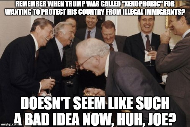 Laughing Men In Suits | REMEMBER WHEN TRUMP WAS CALLED "XENOPHOBIC" FOR WANTING TO PROTECT HIS COUNTRY FROM ILLEGAL IMMIGRANTS? DOESN'T SEEM LIKE SUCH A BAD IDEA NOW, HUH, JOE? | image tagged in memes,laughing men in suits | made w/ Imgflip meme maker