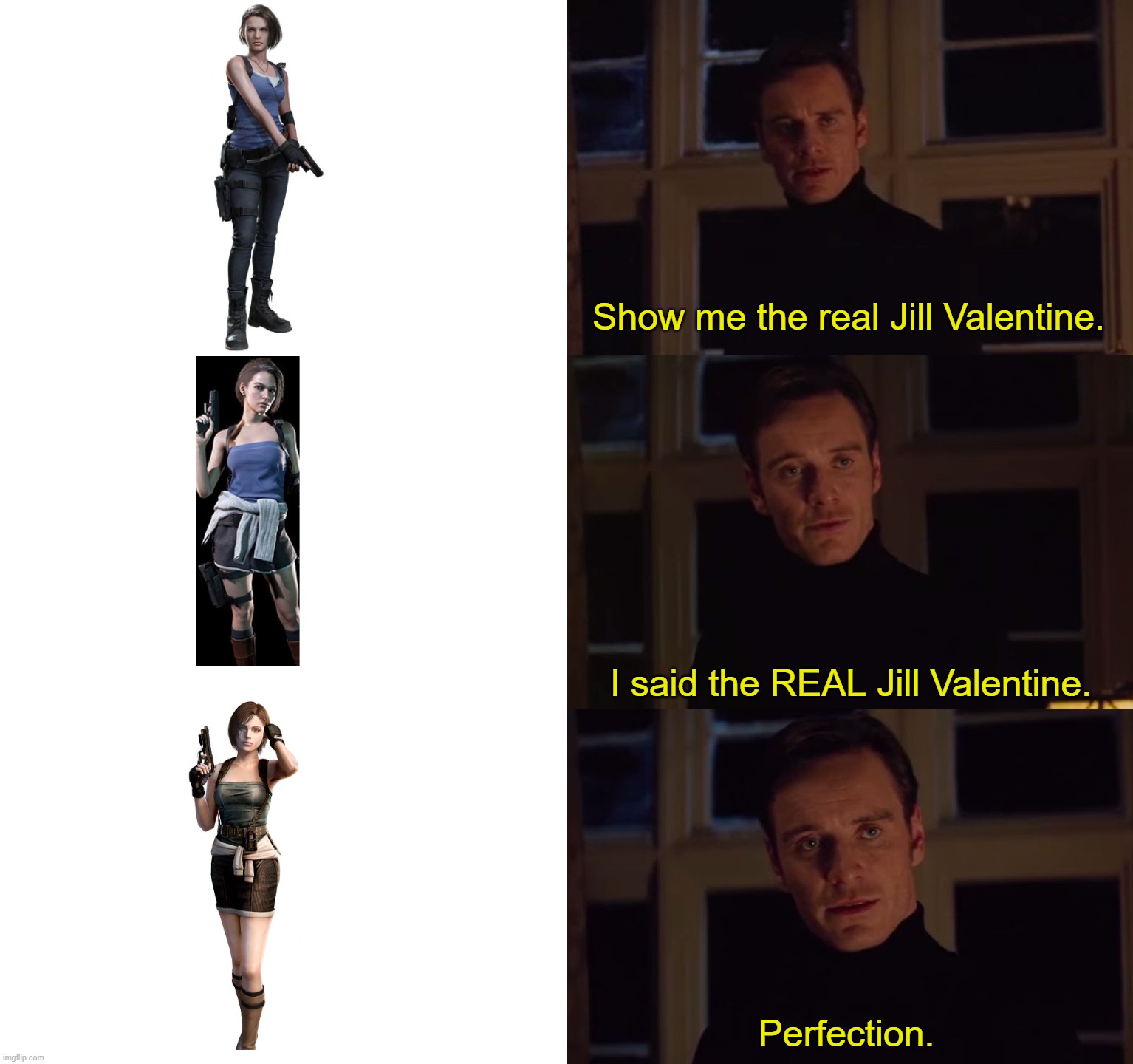 Accept no substitutes | Show me the real Jill Valentine. I said the REAL Jill Valentine. Perfection. | image tagged in perfection | made w/ Imgflip meme maker