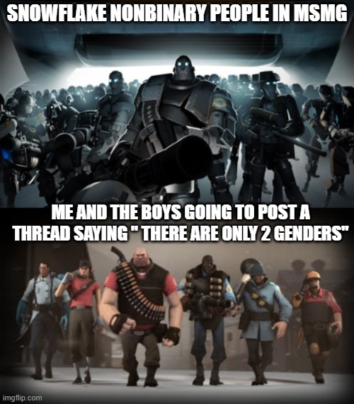 we do massive amount of tomfoolery | SNOWFLAKE NONBINARY PEOPLE IN MSMG; ME AND THE BOYS GOING TO POST A THREAD SAYING " THERE ARE ONLY 2 GENDERS" | image tagged in mann vs machine | made w/ Imgflip meme maker