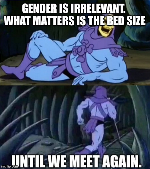 Skeletor disturbing facts | GENDER IS IRRELEVANT.  WHAT MATTERS IS THE BED SIZE | image tagged in skeletor disturbing facts | made w/ Imgflip meme maker