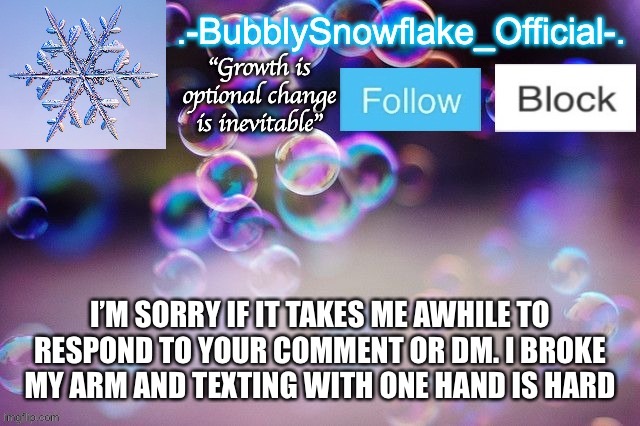 Bubbly-snowflake 3rd temp | I’M SORRY IF IT TAKES ME AWHILE TO RESPOND TO YOUR COMMENT OR DM. I BROKE MY ARM AND TEXTING WITH ONE HAND IS HARD | image tagged in bubbly-snowflake 3rd temp | made w/ Imgflip meme maker