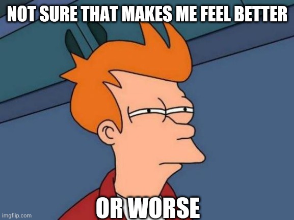 Futurama Fry Meme | NOT SURE THAT MAKES ME FEEL BETTER OR WORSE | image tagged in memes,futurama fry | made w/ Imgflip meme maker