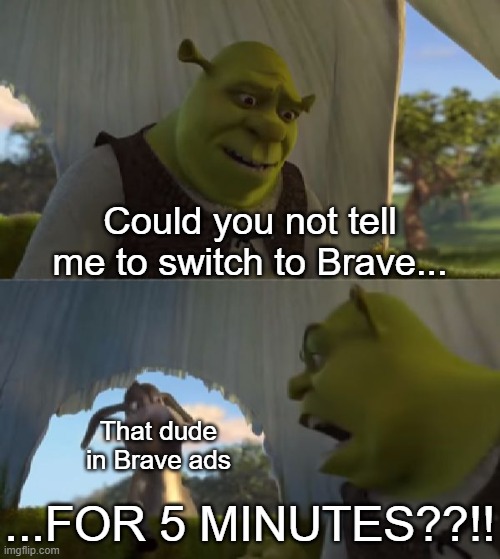 Could you not ___ for 5 MINUTES | Could you not tell me to switch to Brave... That dude in Brave ads; ...FOR 5 MINUTES??!! | image tagged in could you not ___ for 5 minutes | made w/ Imgflip meme maker