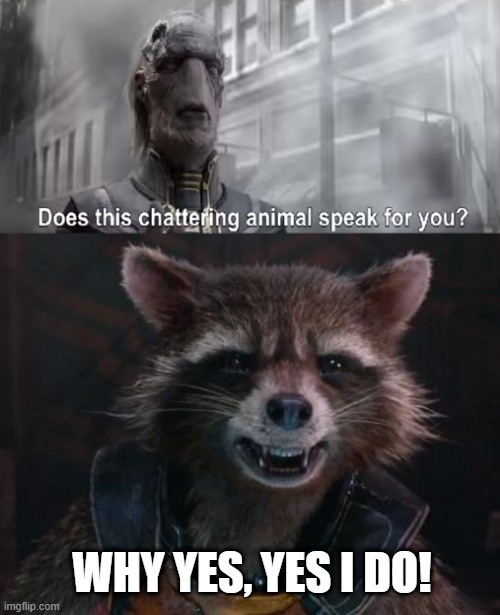 I am the Captain | WHY YES, YES I DO! | image tagged in chattering animal ebony maw,rocket raccoon | made w/ Imgflip meme maker