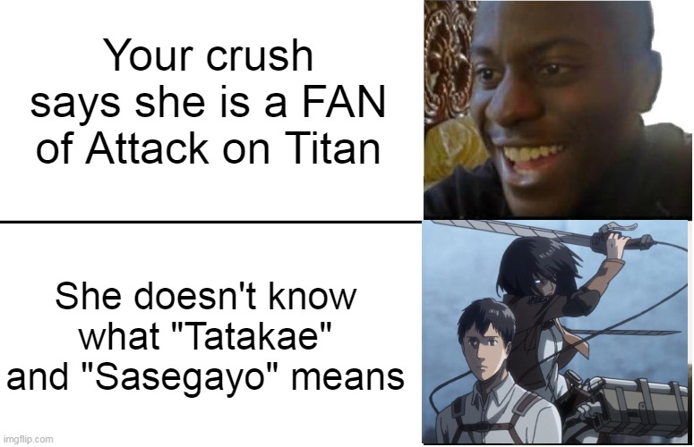 Disappointed Black Guy | Your crush says she is a FAN of Attack on Titan; She doesn't know what "Tatakae" and "Sasegayo" means | image tagged in disappointed black guy,mikasa slashing marco,memes | made w/ Imgflip meme maker