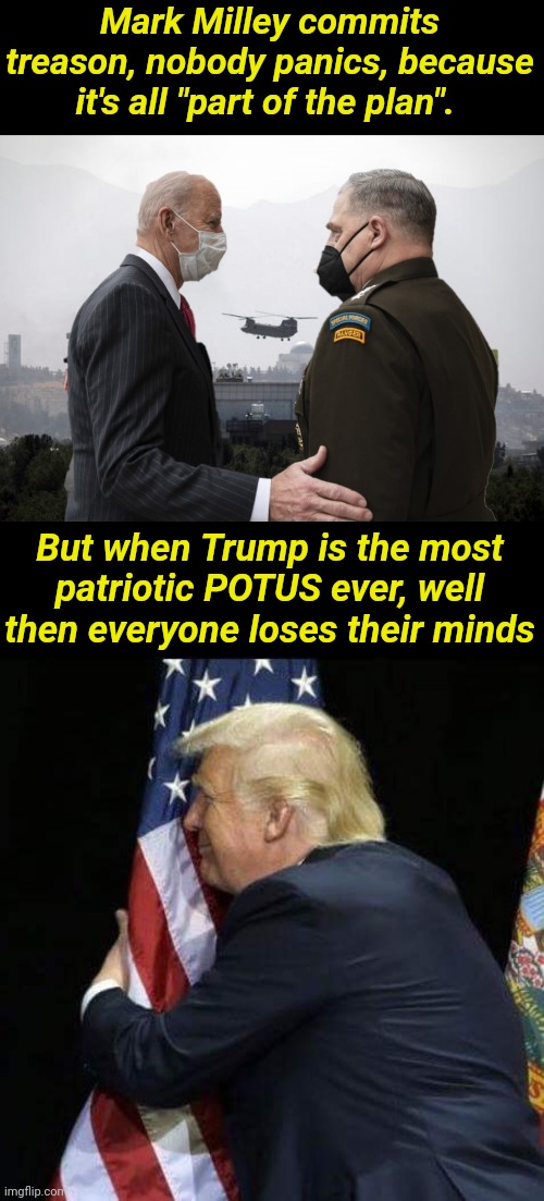 MSM covers for the wolf | Mark Milley commits treason, nobody panics, because it's all "part of the plan". But when Trump is the most patriotic POTUS ever, well then everyone loses their minds | image tagged in joe biden and general milley,trump hugging flag | made w/ Imgflip meme maker