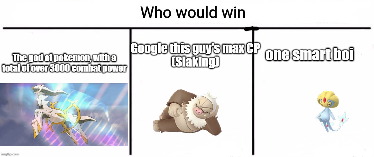 CP! CP! CP! CP! | one smart boi; Google this guy's max CP
(Slaking); The god of pokemon, with a total of over 3000 combat power | image tagged in 3x who would win,certified bruh moment | made w/ Imgflip meme maker