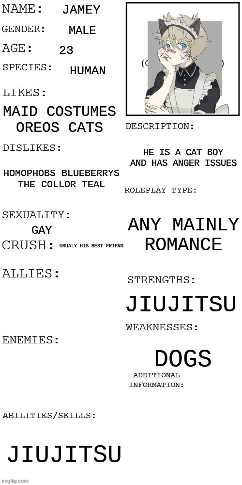 (Updated) Roleplay OC showcase | JAMEY; MALE; 23; HUMAN; MAID COSTUMES OREOS CATS; HE IS A CAT BOY AND HAS ANGER ISSUES; HOMOPHOBS BLUEBERRYS THE COLLOR TEAL; ANY MAINLY ROMANCE; GAY; USUALY HIS BEST FRIEND; JIUJITSU; DOGS; JIUJITSU | image tagged in updated roleplay oc showcase | made w/ Imgflip meme maker