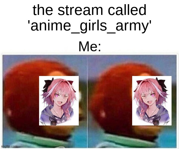 pls let me join even tho im a guy | the stream called 'anime_girls_army'; Me: | image tagged in memes,monkey puppet | made w/ Imgflip meme maker