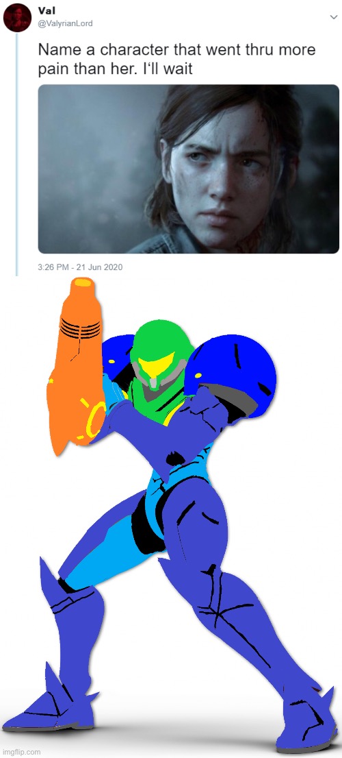 Who here remembers Turbo the recolored Samus OC | image tagged in name one character who went through more pain than her | made w/ Imgflip meme maker