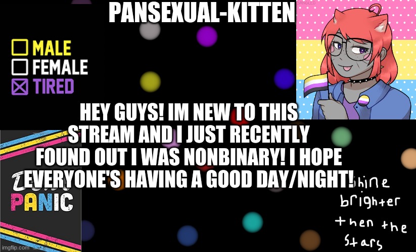 ~Pansexual-kitten~ | HEY GUYS! IM NEW TO THIS STREAM AND I JUST RECENTLY FOUND OUT I WAS NONBINARY! I HOPE EVERYONE'S HAVING A GOOD DAY/NIGHT! | image tagged in pansexual-kitten | made w/ Imgflip meme maker