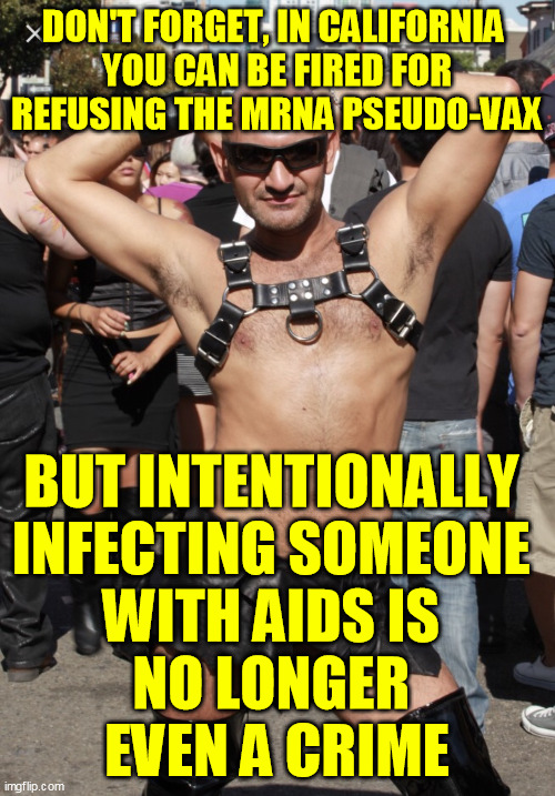 Gay man | DON'T FORGET, IN CALIFORNIA 
YOU CAN BE FIRED FOR REFUSING THE MRNA PSEUDO-VAX BUT INTENTIONALLY 
INFECTING SOMEONE 
WITH AIDS IS 
NO LONGER | image tagged in gay man | made w/ Imgflip meme maker