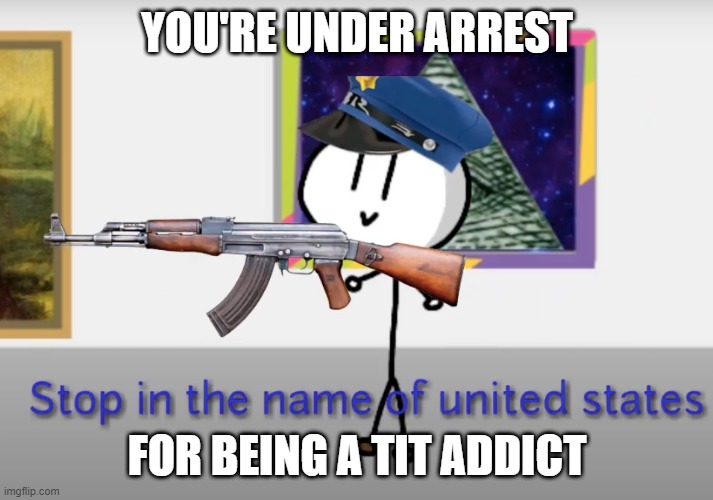 Stop in the name of united states | YOU'RE UNDER ARREST FOR BEING A TIT ADDICT | image tagged in stop in the name of united states | made w/ Imgflip meme maker